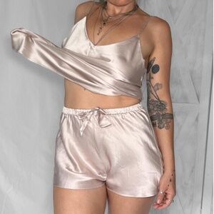 100% silk silky pajama shorts in dusty lilac shimmer